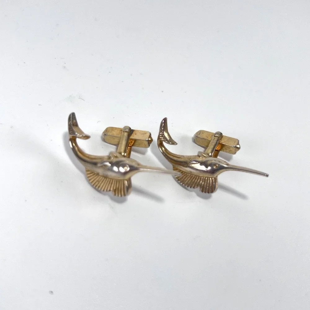 SWANK Cufflinks Gold Tone Metal‎ Marlin Fish Swordfish Sport Fishing Vintage